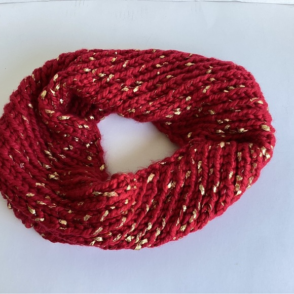 Cowl Scarf Hooded Chunky Infinity Hand Crafted Red Gold Knit Winter Essential - Picture 9 of 16